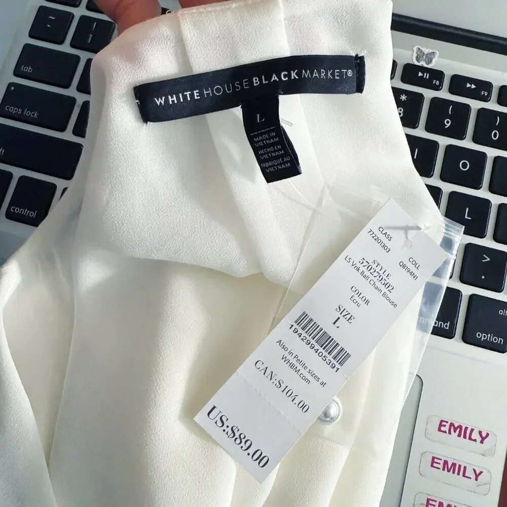 NWT WHBM Cream Long Sleeve Blouse Size Large V-Neck Button Detail 100% Polyester - Picture 7 of 10